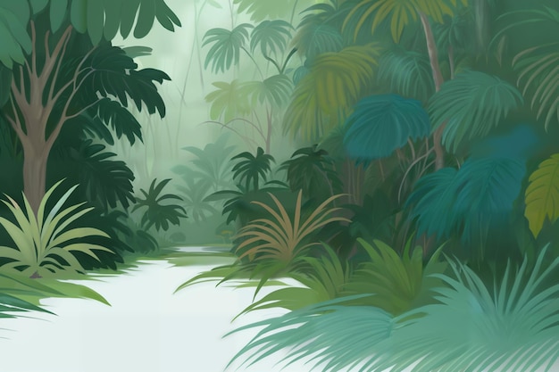 Ilustracja dżungli w pastelowych kolorach Namalowany piękny las tropikalny z egzotycznymi roślinami palmy duże liście i paprocie Gąszcz lasu deszczowego Prosty rysunek natury Generatywna sztuczna inteligencja