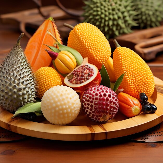 ilustracja egzotycznych owoców ułożonych na drewnianym talerzu Owoce