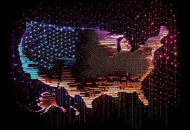 Ilustracja fajerwerków mapy amerykańskiej flagi w neonowych kolorach na czarnym tle ai