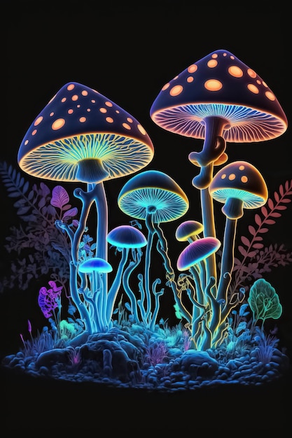 Ilustracja fantasy neonowego koloru świecące magiczne grzyby Psychedelic background Generative AI