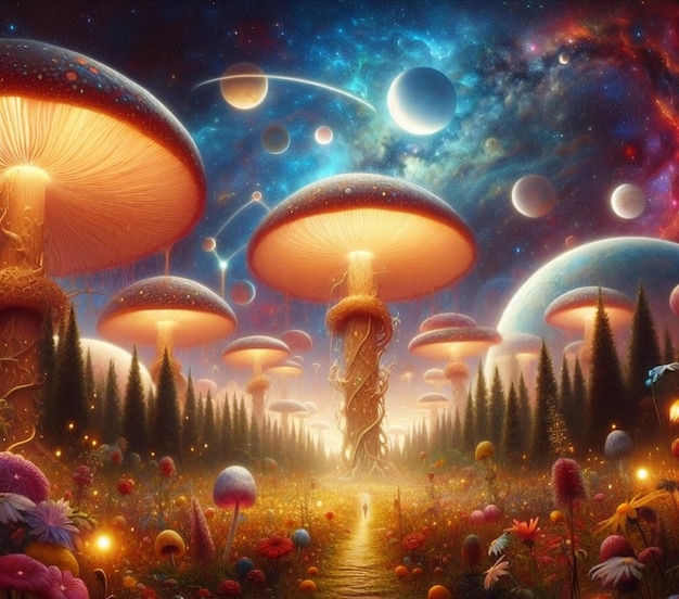 ilustracja fantasy planeta obca grzyb magiczny wektor kreskówki fantastyczne tło