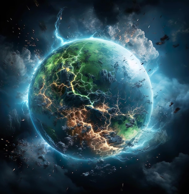 Zdjęcie ilustracja fantasy zielona planeta ze światłem i mgłą