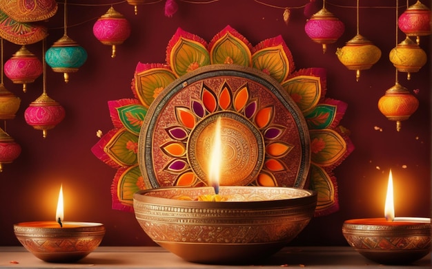 Ilustracja festiwalu Diwali Lampa Diya z rangoli