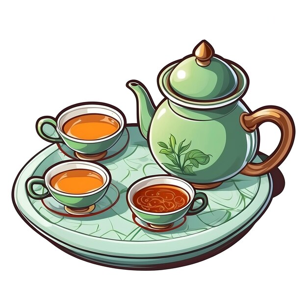 Ilustracja filiżanki i talerza do herbaty Grafika gorącego napoju herbaty Tradycyjny projekt czajnika z luźnymi liśćmi herbaty