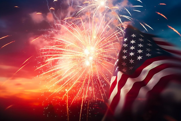Ilustracja flagi usa na tle fajerwerków w chmurach na symbol dnia niepodległości ameryki