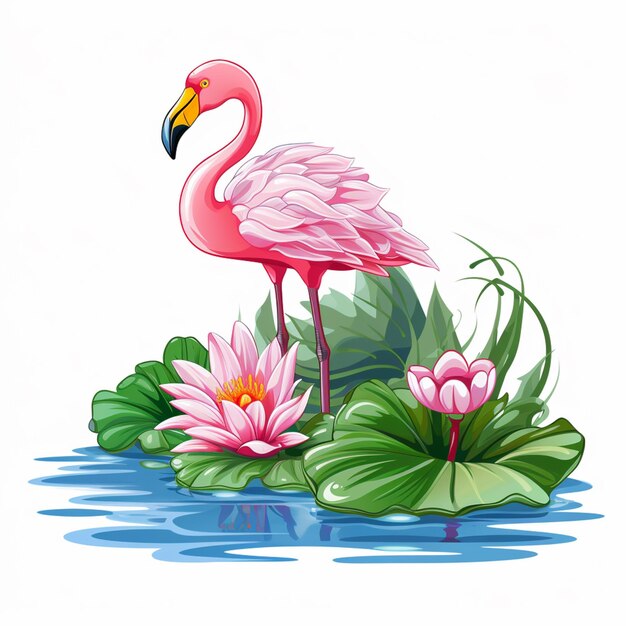 Zdjęcie ilustracja flaminga stojącego na stawie z liliami wodnymi generatywny ai