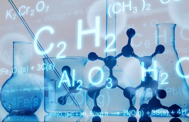 Ilustracja formuły chemii naukowej i szkło naukowe