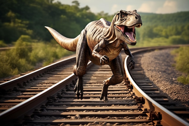 Ilustracja fotografii ścieżki Jurassic A klasyczny dinozaur Generative ai