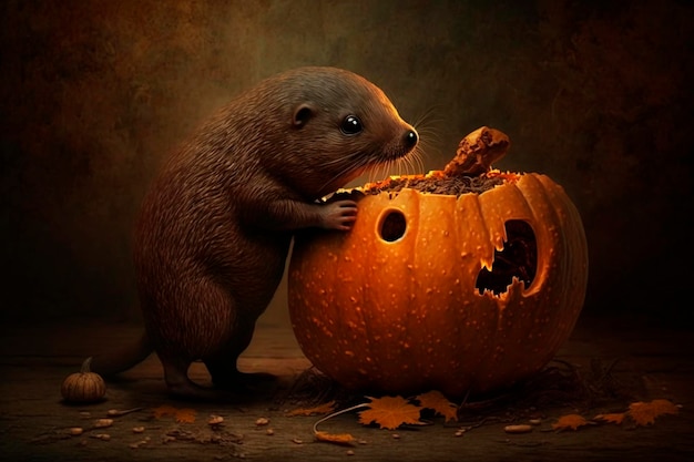 Ilustracja Funny Mole z zawartością generowaną przez AI Halloween Pumpkin