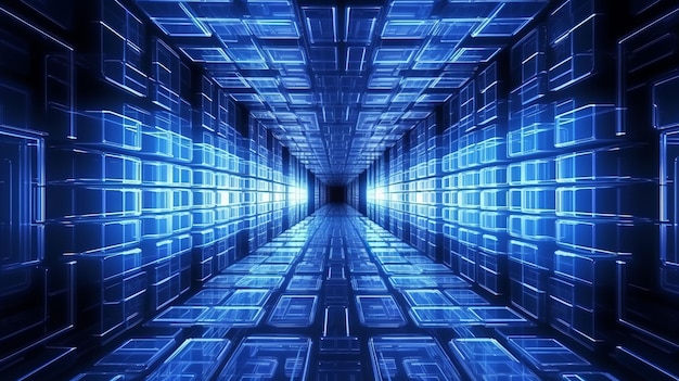 Ilustracja futurystycznego korytarza oświetlonego niebieskimi światłami