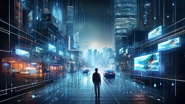 Ilustracja futurystycznego miasta technologii cyfrowej AIGenerated Artwork