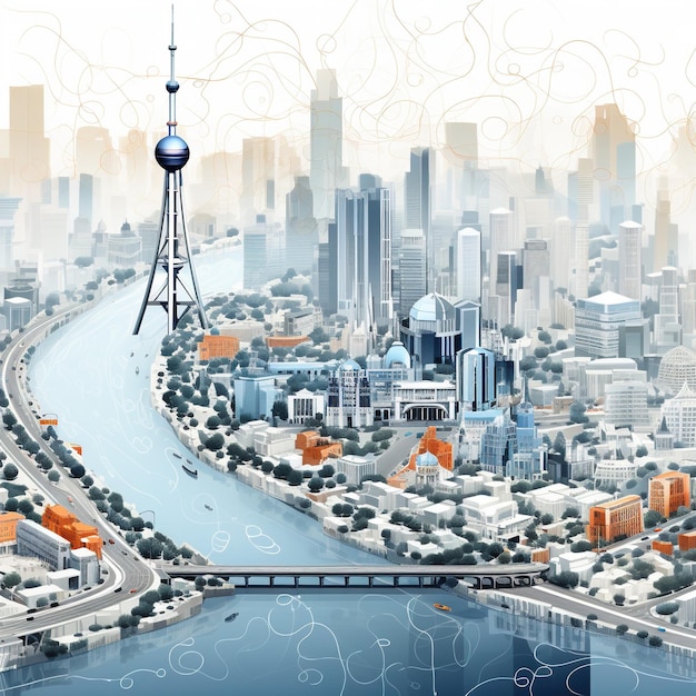 Ilustracja futurystycznego miasta z rzeką