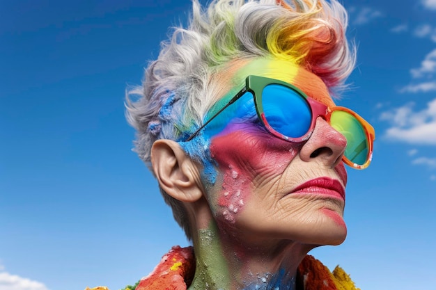Ilustracja generatywna AI przedstawiająca 55-letnią lesbijkę ubraną i umalowaną w haute couture w kolorach tęczy
