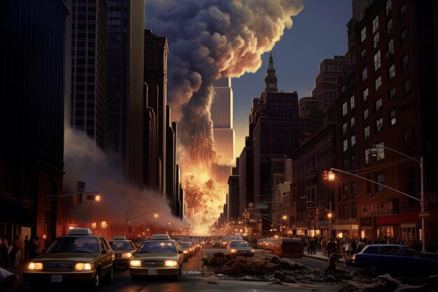 Ilustracja generatywna AI przedstawiająca atak 911 na bliźniacze wieże w islamskim terroryzmie w Nowym Jorku