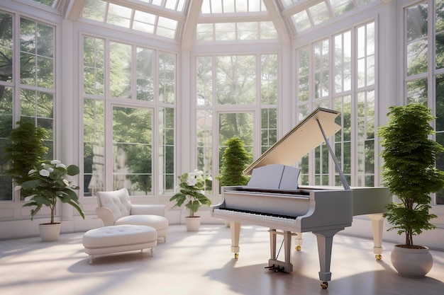 Ilustracja generatywna AI przedstawiająca biały fortepian w salonie otoczona światłem wpadającym przez szkło Luksusowy dom