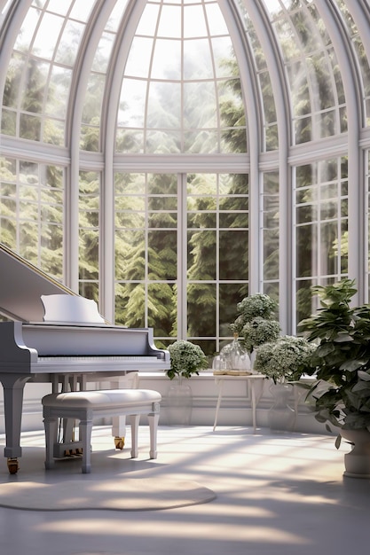 Ilustracja generatywna AI przedstawiająca biały fortepian w salonie otoczona światłem wpadającym przez szkło Luksusowy dom