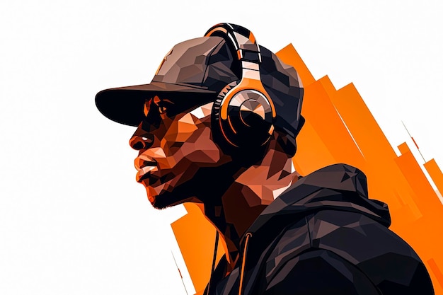 Zdjęcie ilustracja generatywna ai przedstawiająca czarnego faceta słuchającego muzyki hip-hopowej przez słuchawki w stylu ilustracji wektorowych sztuka cyfrowa