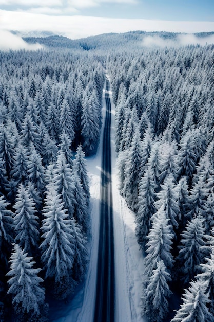 Ilustracja generatywna AI przedstawiająca drogę z wieloma zakrętami przez las ośnieżonych drzew w koncepcji zimowego mrozu