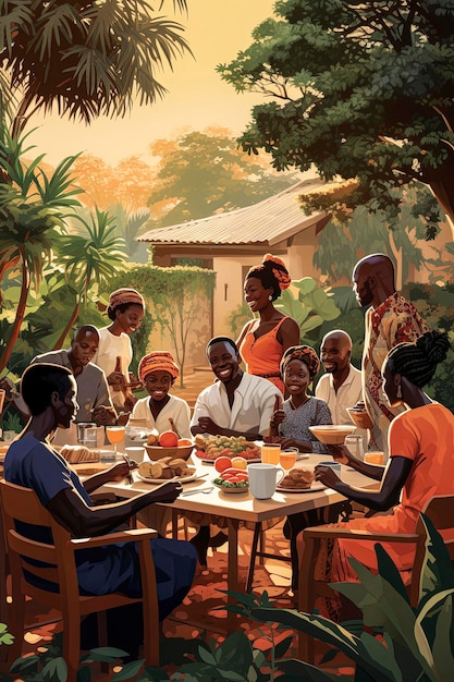 Ilustracja generatywna AI przedstawiająca dużą i szczęśliwą czarną rodzinę jedzącą deser z różnych zdrowych owoców w ogrodzieKoncepcja rodzinna