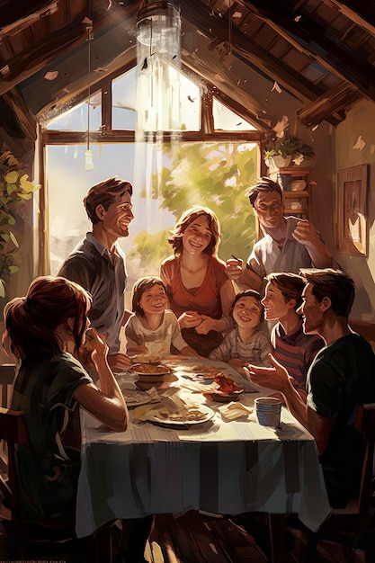 Ilustracja generatywna AI przedstawiająca dużą szczęśliwą rodzinę kaukaską jedzącą w kuchni z promieniami światła wpadającymi przez okno Koncepcja szczęścia
