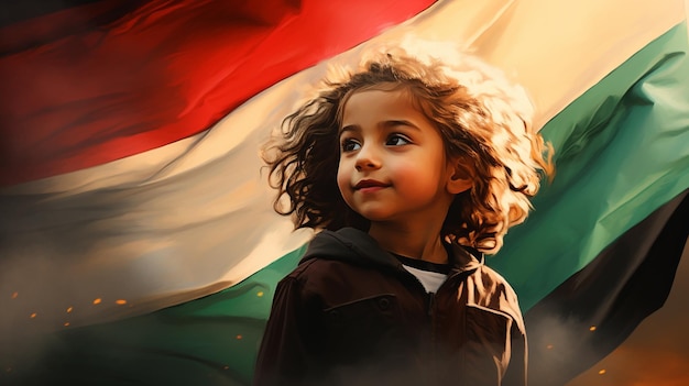 Ilustracja generatywna AI przedstawiająca dziecko w tle portret flagi palestyńskiej