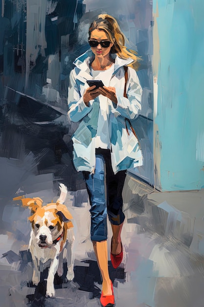 Ilustracja generatywna AI przedstawiająca dziewczynę idącą ulicą z psem i smartfonem w stylu farby olejnej Sztuka cyfrowa