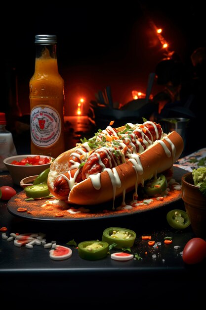 Ilustracja generatywna AI przedstawiająca hot doga z sosem bawolym z majonezem w stylu ranczo i fast foodem z marynowanym ogórkiem