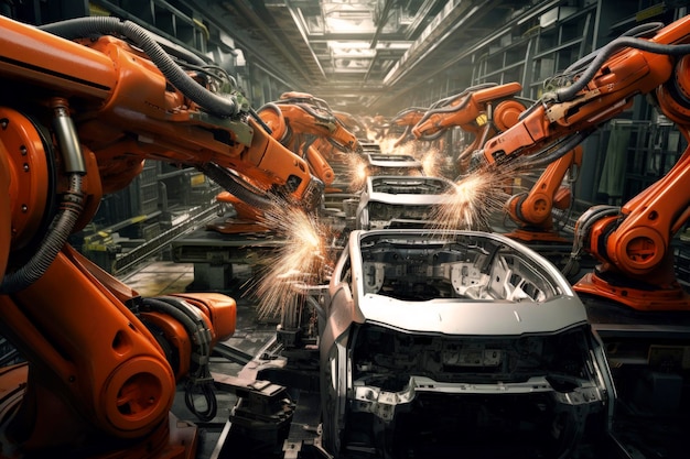 Zdjęcie ilustracja generatywna ai przedstawiająca spawanie robotów na linii montażowej samochodów przemysł zrobotyzowany