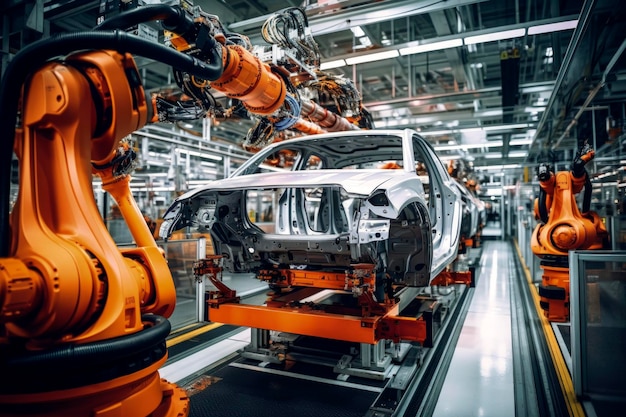 Ilustracja generatywna AI przedstawiająca spawanie robotów na linii montażowej samochodów Przemysł zrobotyzowany