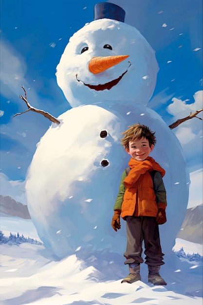 Ilustracja generatywna AI przedstawiająca tło bałwana bawiącego się z dzieckiem w śnieżny zimowy dzień Cyfrowa sztuka ilustracji w stylu Koncepcja świąteczna