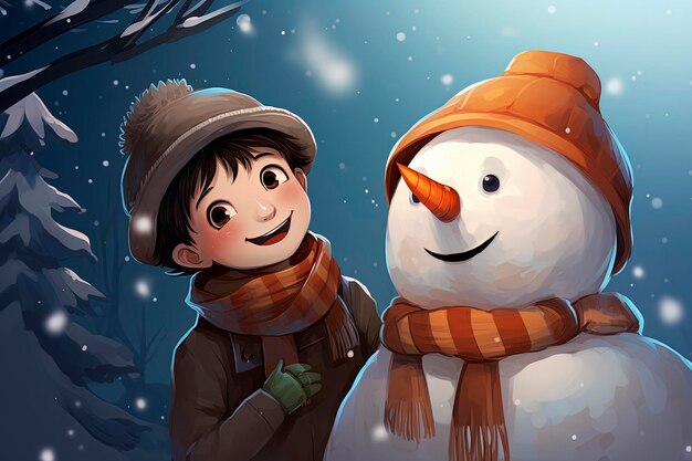Ilustracja generatywna AI przedstawiająca tło bałwana bawiącego się z dzieckiem w śnieżny zimowy dzień Cyfrowa sztuka ilustracji w stylu Koncepcja świąteczna