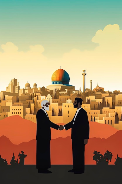 Ilustracja generatywna AI przedstawiająca Żyda i Palestyńczyka ściskającego dłonie i świętującego pokój w Jerozolimie Styl ilustracji wektorowych Koncepcja pokoju