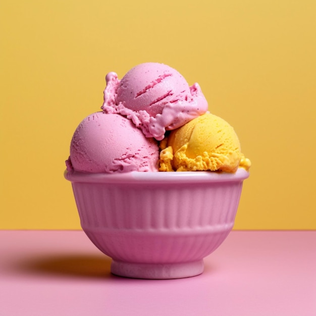 Ilustracja Generatywna sztuczna inteligencja Kulki lody w żółto-różowych kwiatach Deserty chłodzące jedzenie