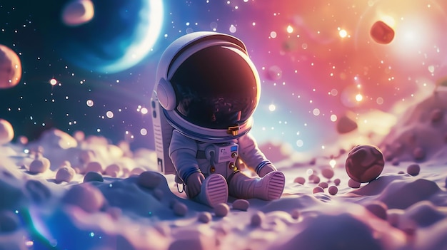 Zdjęcie ilustracja generowana przez ai o postaci astronauty w marzącym układzie kosmicznym