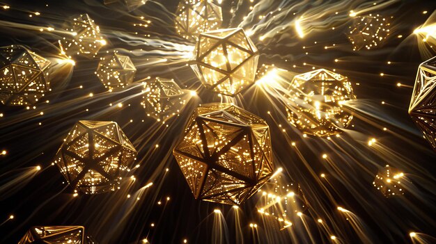 Ilustracja generowana przez sztuczną inteligencję o wirujących dodekaedrach emitujących światło
