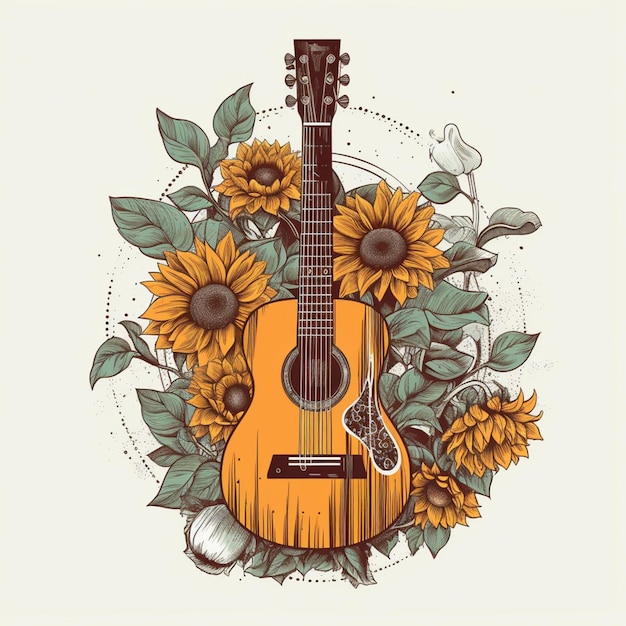 ilustracja gitary otoczonej słonecznikami i liśćmi generatywnej ai