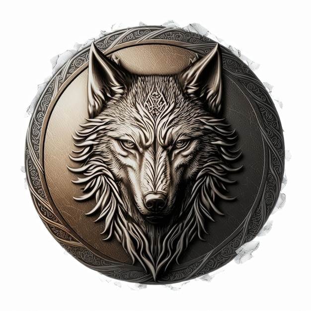 Ilustracja godła, amulet wilka w srebrnym kółku, logo, białe tło. Generatywna sztuczna inteligencja