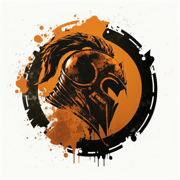 Ilustracja godła spartańskiego hełmu w pomarańczowym kółku, logo, białe tło. Generatywna sztuczna inteligencja