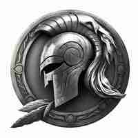 Zdjęcie ilustracja godła spartańskiego hełmu w srebrnym kółku, logo, białe tło. generatywna sztuczna inteligencja