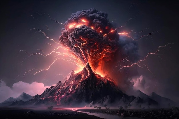 Ilustracja góra z chmurami erupcji wulkanu burza piorun AI generowane
