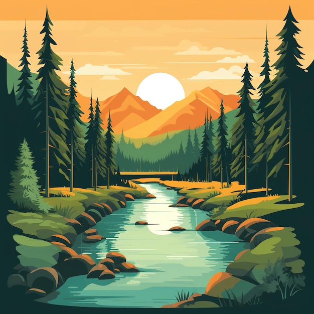 Ilustracja górska i leśna w stylu płaskim