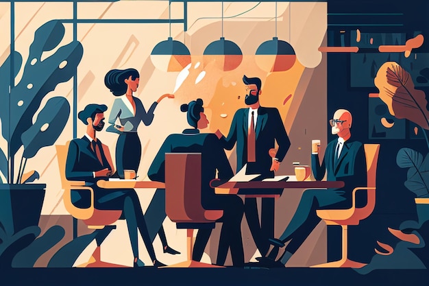 Ilustracja grupowi ludzie biznesu w kawiarni generatywnej ai