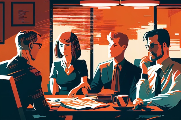Ilustracja grupowych ludzi biznesu siedzących przy stołowym generatywnym ai