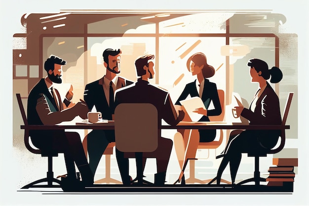 Ilustracja grupowych ludzi biznesu siedzących przy stołowym generatywnym ai