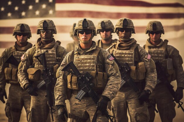Ilustracja grupy amerykańskich żołnierzy nad amerykańską flagą