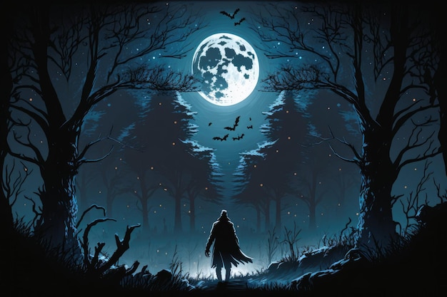 Ilustracja Halloween z realistycznym ustawieniem wieczornym i fantastycznym lasem oświetlonym księżycem