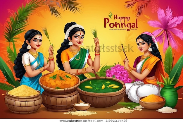 ilustracja Happy Pongal Holiday Harvest Festival of Tamil Nadu Południowy Indie pozdrowienia tło