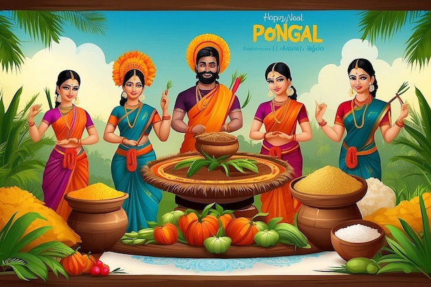 ilustracja Happy Pongal Holiday Harvest Festival of Tamil Nadu Południowy Indie pozdrowienia tło