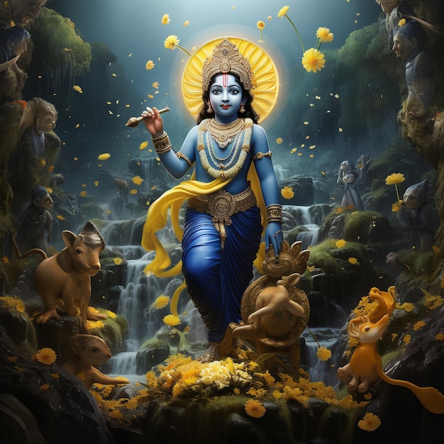 ilustracja hinduskiego Boga Kryszny w kolorze niebieskim jako mały chłopiec