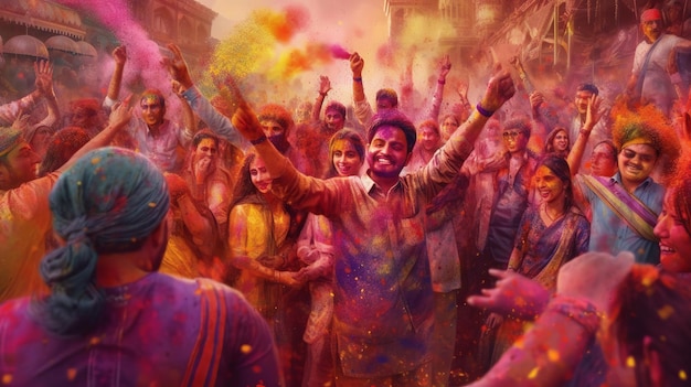 Ilustracja Hindusów świętujących festiwal Holi szczęście kolorowy proszek w tle
